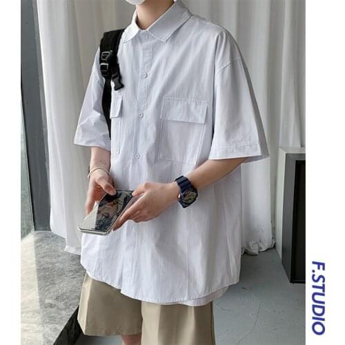 Mens 2021 summer solid color tooling short sleeve shirt mens College casual shirt camisas para hombre imported clothing men