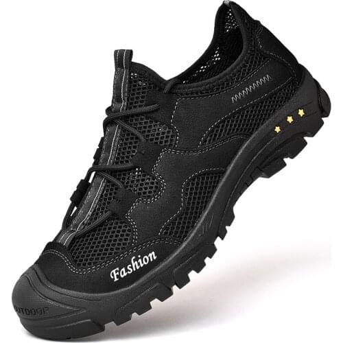 Summer Men Fashion Leather Mesh Outdoor Hiking Aqua Shoes Non-slip Wear-resistant Breathable Upstream Pool Beach Shoes for Man