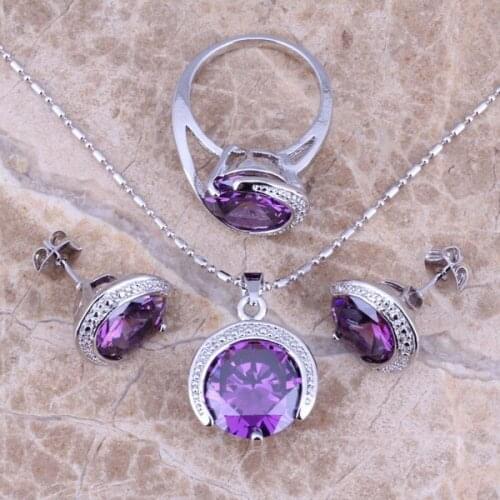 Fancy Purple Cubic Zirconia Silver Plated Jewelry Sets Earrings Pendant Ring Size 6 / 7 / 8 / 9 / 10 S0077