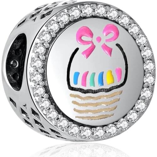 Authentic S925 Silver Mixed Enamel Easter Basket With Crystal Charm fit Lady Bracelet Bangle For Women DIY Jewelry