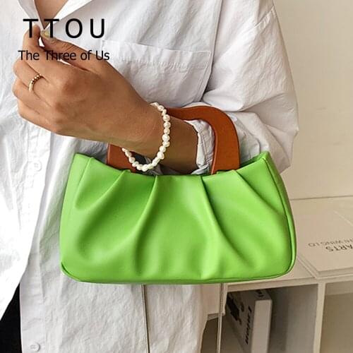 Wood Handle PU Leather Crossbody Clip Bags For Women 2021 Fashion Chain Design Lady Shoulder Bags Small Shell Shape Handbags