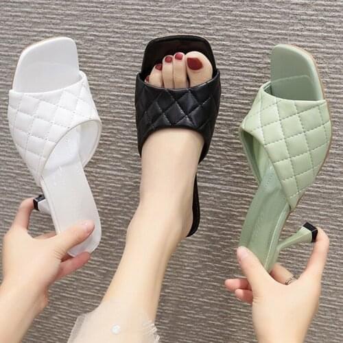 Women Pumps Weave Leisure Slip-on Office High Heels 2021 Summer Ladies Blue Open Toe Square Head Slippers Casual Woman Shoes