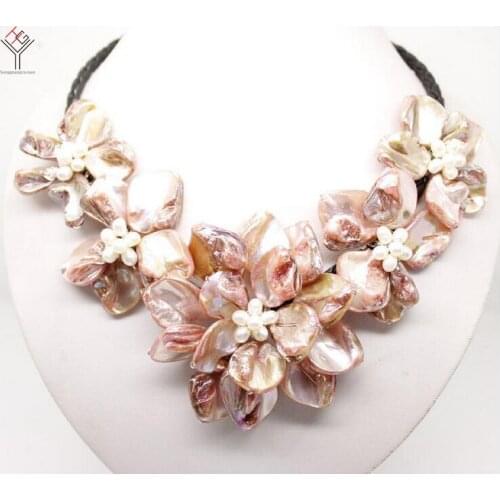 Women Jewelry natural white pearl bright pink purple 5 flowers pendant shell mother of pearl necklace black leather 18"