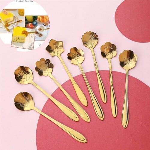 1Pcs Flower Spoon Set Small Teaspoon Coffee Spoon Cute Ice Cream Dessert Spoon Silver Gold Stainless Steel Spoon For Coffee Tea