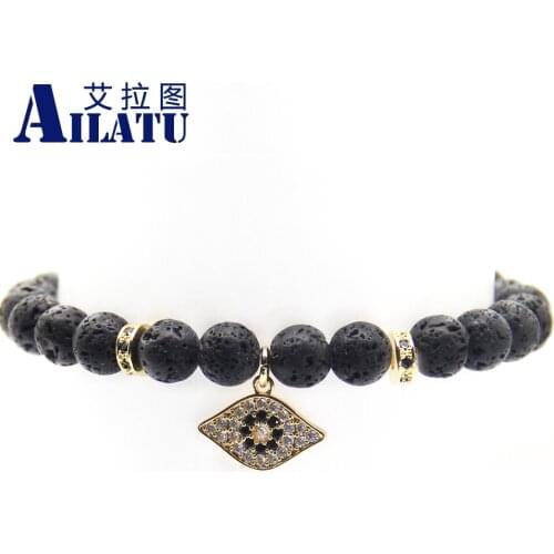 Ailatu 8mm Lava Stone Beads Bracelet Hang Micro Pave CZ Eye Pendant