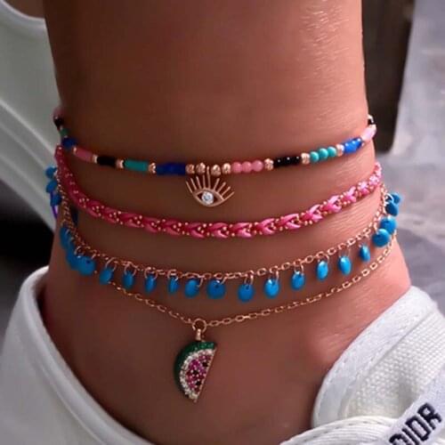 Bohemia Evil Eye Watermelon Charm Anklet Set 4 Pcs Colorful Beaded Foot Chain Braided String Ankle Bracelet Boho Beach Jewelry