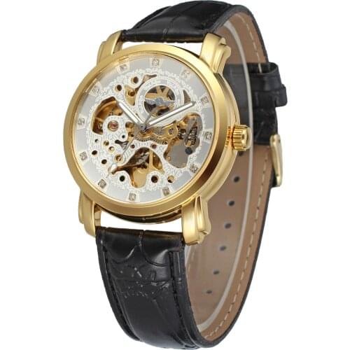 WINNER Top Brand Mens Watches Crystal Diamond Dial Mens Clock Automatic Mechanical Gold Skeleton Wristwatch Luxury Reloj Hombre
