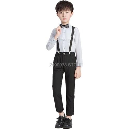 Kids Formal Prince School Student Dress Wedding Suit For Boys Gentleman Strap Shirt Pants Bowtie Piano Performance Costume