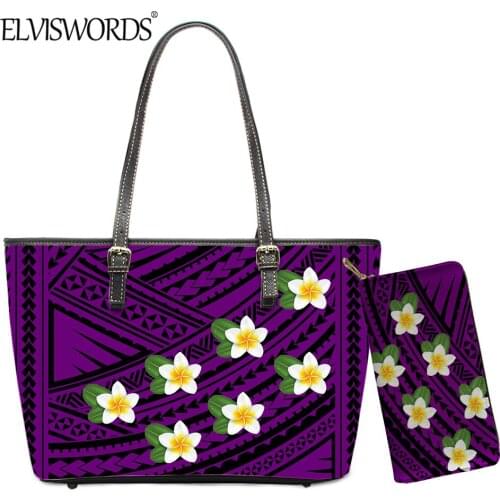 ELVISWORDS Hawaii Plumeria Printed Women Large Capacity PU Handbag Fashion 2pcs Tote and Purse Casual Street Lady Shoulder Bag