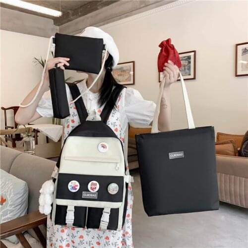 5 Piece Canvas Women Backpack Cute Girl School Bag Kawaii Primary School Student Book Bags Large Capacity Ladies Backpacks 2021