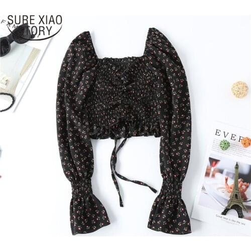 Short Design Navel Chiffon Shirt 2021 New Design Square Collar Blouse Drawstring Super Fairy Sweet Floral Tops Women Blusa 10228