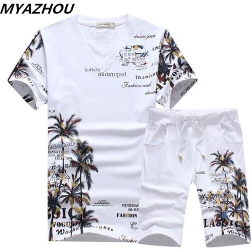 Summer new V-neck fancy short-sleeved suits personality beach wind letter print shorts suit mens large size casual sports suit