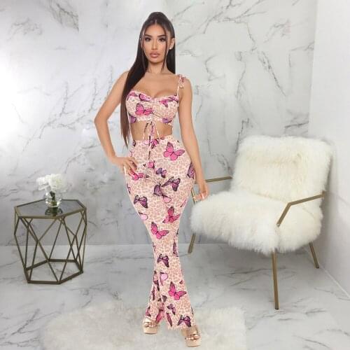 Butterfly Leopard Print Two Piece Beach Outfits Spaghetti Strap Crop Top and Bell Bottom Trouser Sweet Girls Slim Matching Suit
