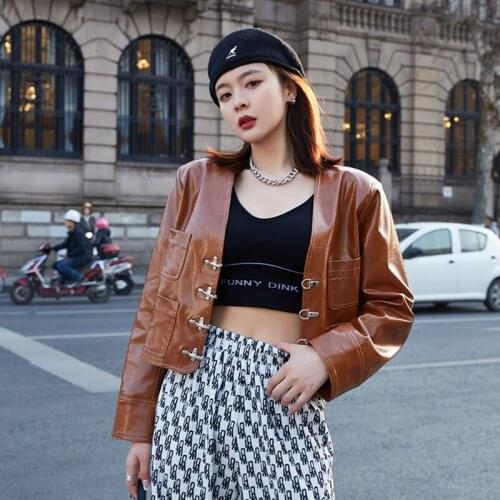 Women Black Coffee color V-neck Loose Short Faux PU Leather Jacket Streetwear Casual Motorcycle Biker Punk Outerwear Autumn 2021