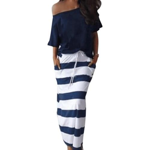 Summer Women Dress Set Sexy Slant Shoulder Half Sleeve Solid Color Shirt Top Striped Drawstring Skirt Office Lady Two Piece Set