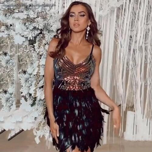 Summer Womens Clothes Sexy Bodycon Bandage Dress with Black Feather Sequins Sling 2021 New Celebrity Runway Party Dresses