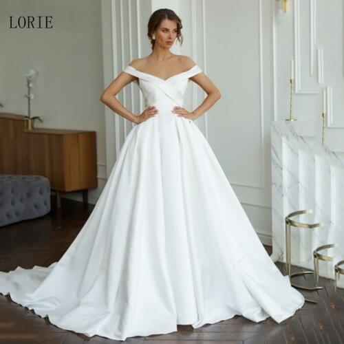 LORIE Satin Princess Wedding Dresses A Line Off The Shoulder Wedding Bride Dress Zipper Back White Ivory Wedding Ball Gown