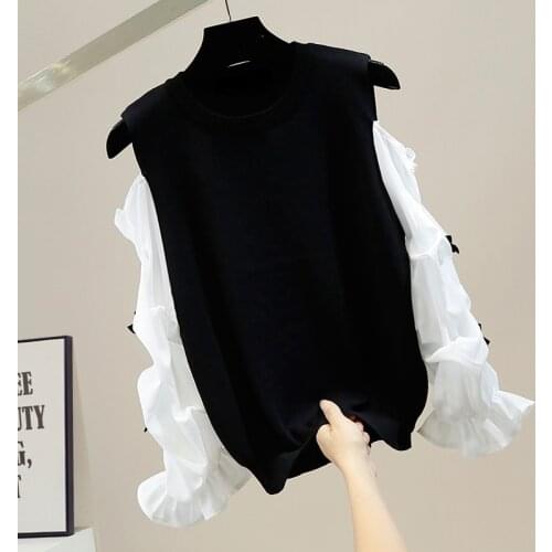 Fashion Color Contrast Off Shoulder Sweater Woman Sweet Bow Decoration Puff Sleeve All-Match Pullovers Tops Femme