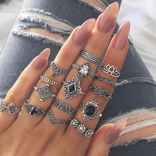 15Pcs/set Ring Set Boho Variety Ladies Ring Multi-element Combination Flower Rings Women Stack Plain Above Knuckle Jewelry Punk