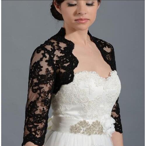 New Black 3/4 Long Sleeve Wedding Bolero Jackets Bridal Wrap Shrug Front Open Lace Applique Sheer Bride Custom Size Jacket
