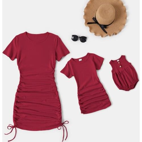 PatPat Light Green Solid Drawstring Design Cotton Short Sleeve Mini Dresses for Mommy and Me