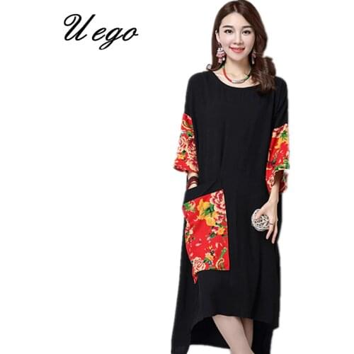 Uego 2021 Fashion Spring Dress Three Quarter Collar Patchwork Pocket Women Dress Loose Cotton Linen Casual Vintage Long Dress
