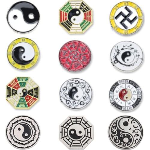 15 Styles Yin Yang Brooches Pins Personality Black White Tai Chi Ba Gua Glass Cabochon Metal Lapel Pin Button Shirt Bag Badges