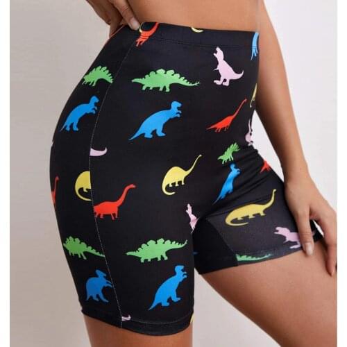 Women Workout Leggings Cartoon Dinosaur Printed New Cute Basic Slip Bike Compression Workout Leggings Femme Sexy Short Pants