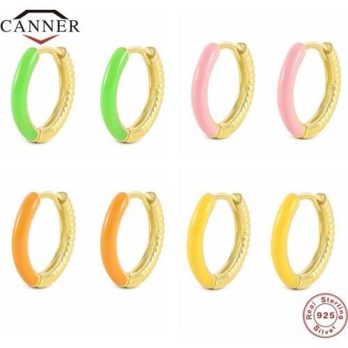 CANNER Real 925 Sterling Silver Green Pink Yellow Orange Hoop Earrings for Women Piercing Huggie Round Earings Jewelry Ear Hoops