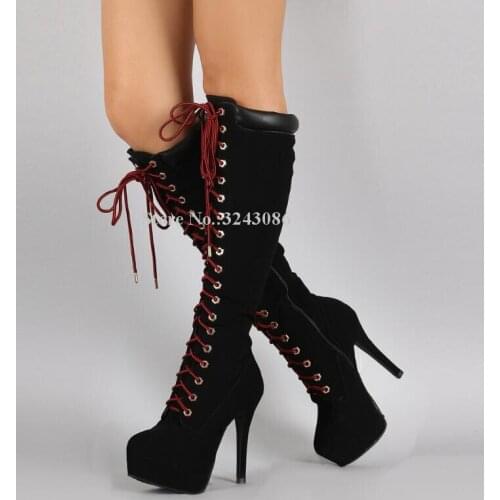 Fashion Black Suede Lace-up Platform Long Boots Women New Mixed Color Stiletto Heel Knee High Boots Ladies Popular Large Size