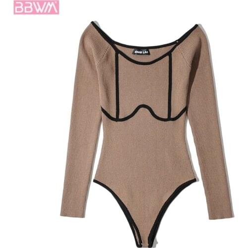 Long-sleeved One-neck Contrast Color All-match Slim Fit Womens Jumpsuit Fashion New Knitted Chic Female Bodysuit