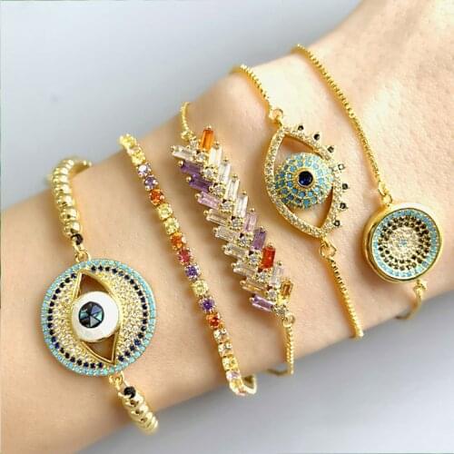 2021 Tendy Simple Style Cute Pave Rainbow Cubic CZ Crystal Evil Eyes Protection Dainty Gold Adjustable Chain Bracelet For Women