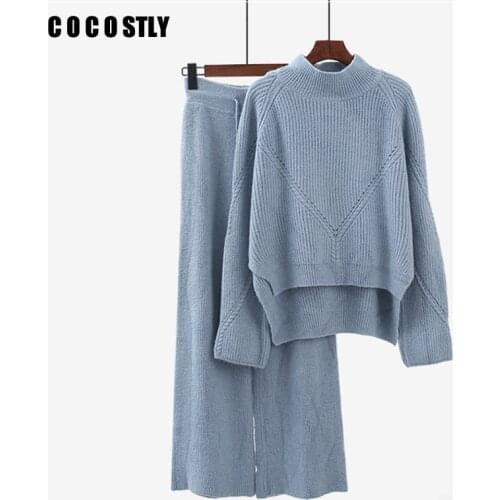 Knitted Suits Women 2 Pieces Pant Sets 2020 Autumn Winter New Solid Warm Sweater And Wide Leg Pant Suits Outfits