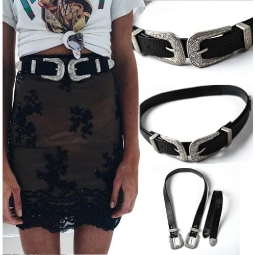 Women Vintage Punk Double Head Waist Belt Double Metal Buckle Stretch Waistband Solid Color Waistband for Jeans Pants Dress