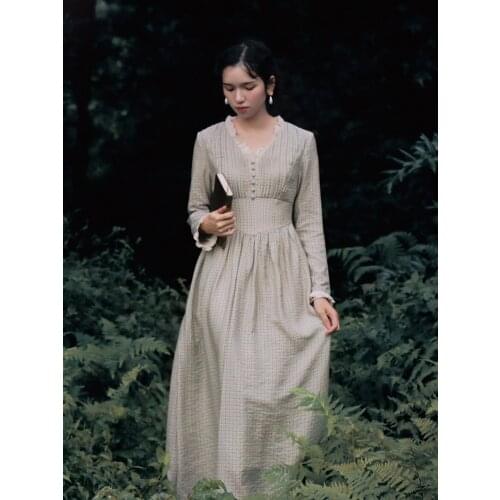 Women Autumn 2020 French Vintage Elegant SLim Lace V-Neck SLeeve Thick Long Dress clothes elbise robe longue femme vestidos