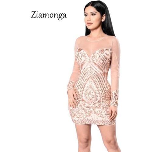 Ziamonga Women Long Sleeve Sequined Bandage Dress Sexy Cocktail Party Dresses Summer 2019 Clothes Office Bodycon Robe Vestidos