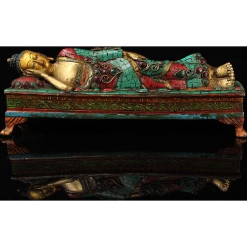 11"Nepal Buddhism Old Bronze Gilt mosaic gem Painted outline in gold Sakyamuni Sleeping buddha Free buddha Enshrine the Buddha