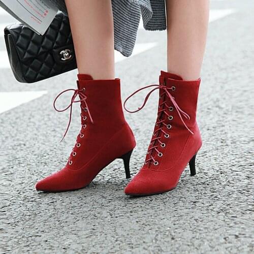 2021 Spring Autumn Ladies Martin Boots Faux Suede Cross Tied Pointed Toe Womens Shoes Winter Comfortable Mid-Heel Short Boots