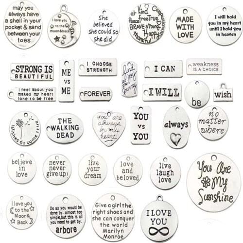 30pcs Retro Inspirational Quotes Series Metal Tag Pendant DIY Charm Fashion Necklace Bracelet Jewelry Handicraft Accessories