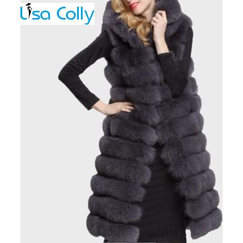 90CM Women Winter Faux Fur Super Long Fur Vest With Hooded Luxury Faux Fox Fur Vest Furry Woman Thick Fake Fur Vest