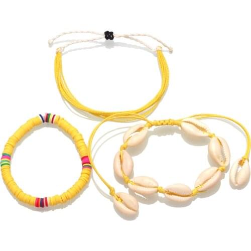 Boho Multistring Cowrie Seashell Polymer Clay Heishi Beads 3pcs Stacklabe Bracelet Women Waterproof Summer Beach Surfer Jewelry