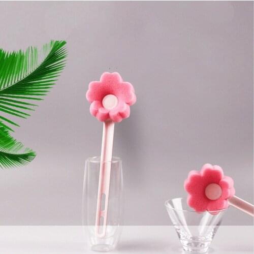 Cleaning Long Handle Sponge Small Flower Cup Brush Cute Pink Glass Cup Brush For Wineglass Bottle Coffe Tea Glass Cup