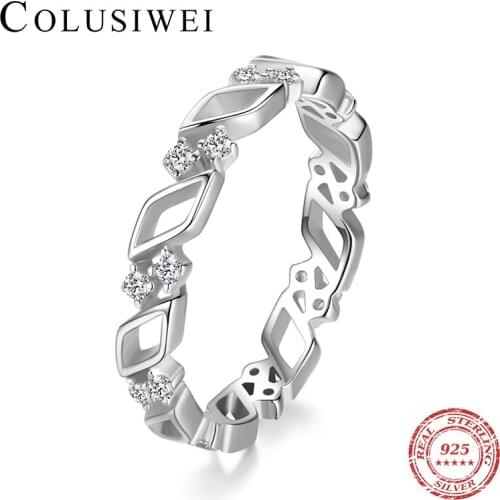 Colusiwei Authentic 925 Sterling Silver Irregular Hollow Square Rings for Women Stackable Clear CZ Finger Rings Fashion Jewelry