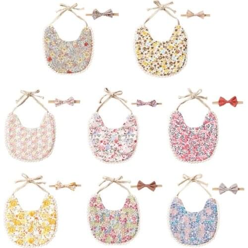 Baby Cotton Linen Printing Bowknot Headband Bibs Set Double Sided Saliva Towel
