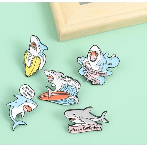 Sea Animal Shark Enamel Pin dangerous creature Brooch Bag Clothes Lapel Pin Sasha Away Badge Cartoon Jewelry Gift For Kids