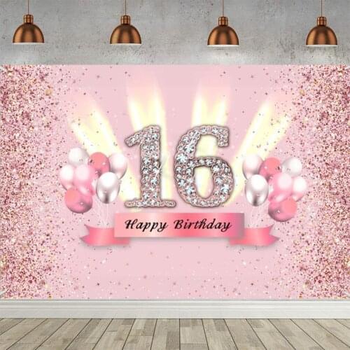 Happy 16th Birthday Backdrop for Girls Happy Sixteen Years Old Birthday Party Background Shining Glitter Spots Pink Party Banner