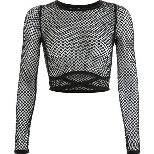 Ruibbit New Women T-shirts Casual Black Gothic Punk Summer Hip Hop Slim Hollow Mesh Solid Long Sleeve Female Fashion Goth Tops