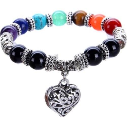 FYJS Unique Antique Silver Plated Love Heart Connect 8 mm Round Beads Colorful Stone Bracelet Healing Balancing Chakra Jewelry