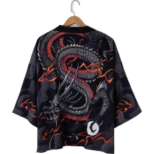 2021 Chinese Style Anime Dragon Kimono Streetwear Men Women Cardigan Japanese Black Robe Female Summer Tokyo Clothing V2054