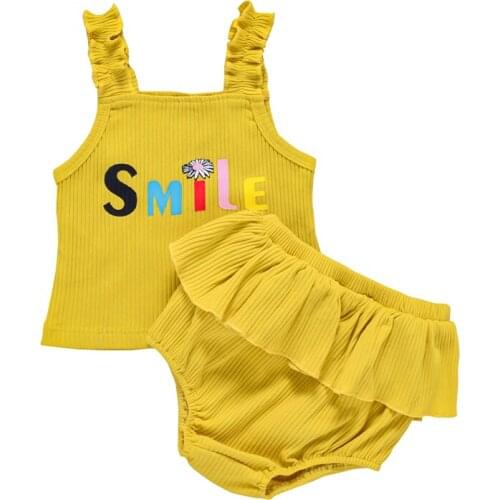 Cute Girls Summer Outfits Letter Print Sleeveless Ribbed Tank Tops + Solid Color Ruffled Shorts Toddlers Girls Clothing Sets
